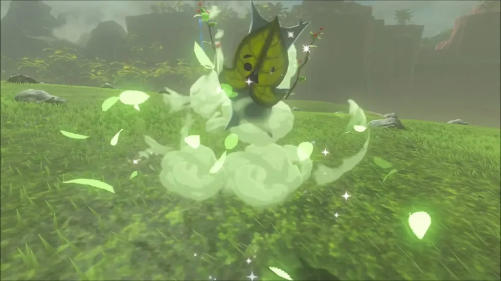 A Korok bursting out of green leaves after the rock is set down