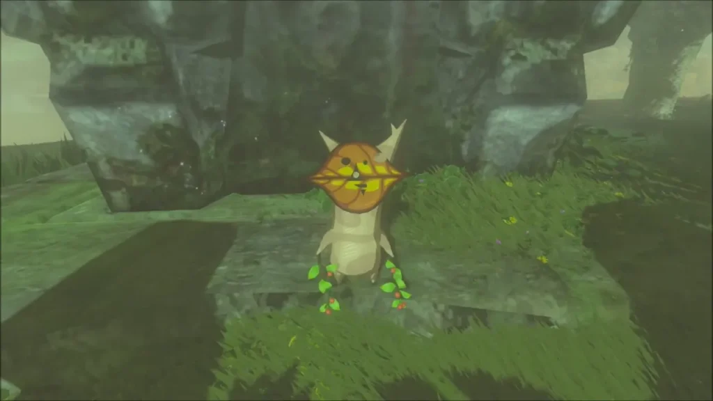A Korok appearing at the foot of the stone wall