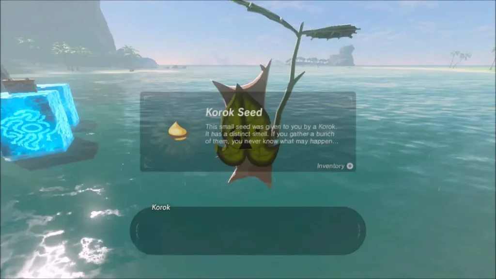A Korok beside the ice block with the Korok Seed box