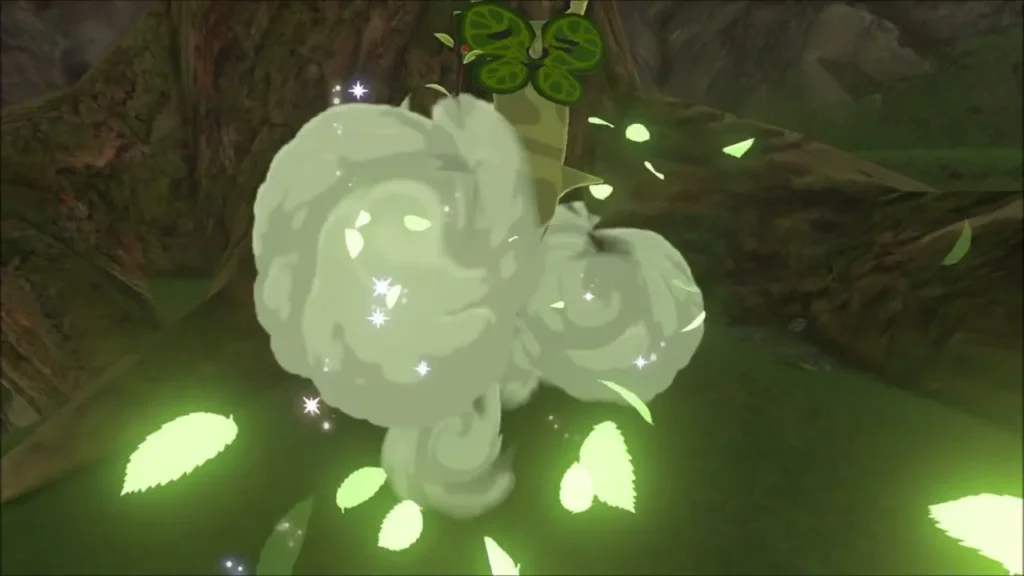A Korok bursting out of a puff of leaves in a grassy hollow