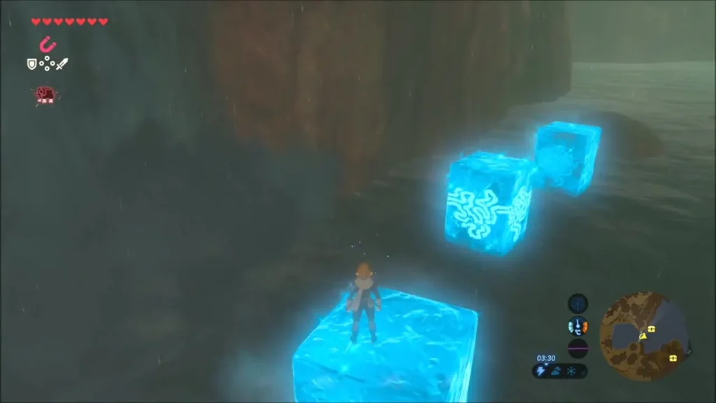 Link standing on a Cryonis ice block with more blocks stacked toward the lake rocks
