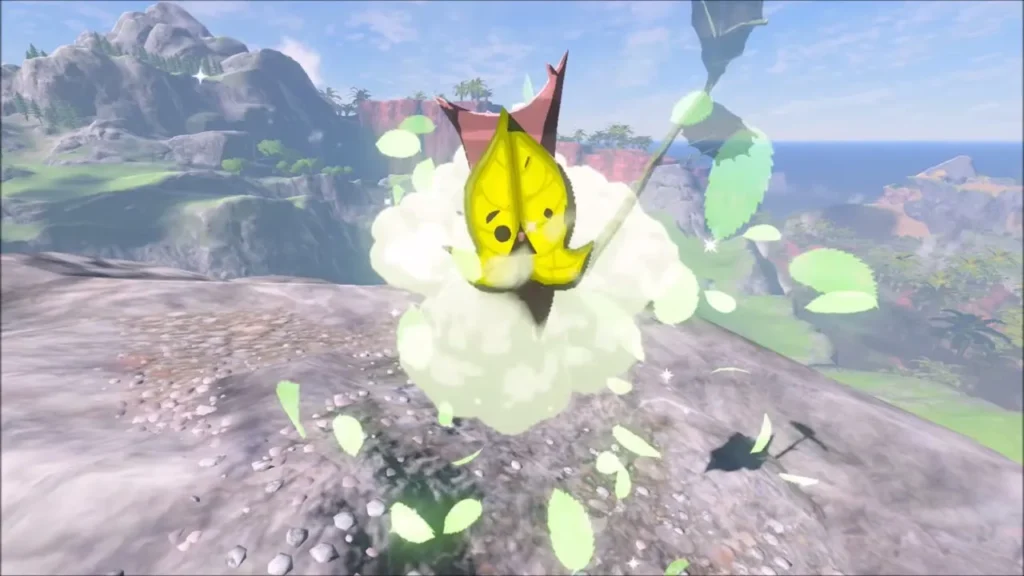 A yellow Korok bursting out of a puff of leaves at the summit