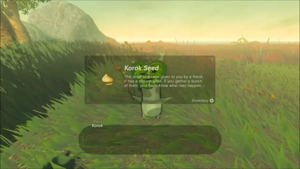 Korok Seed description box with the Korok standing in the grass