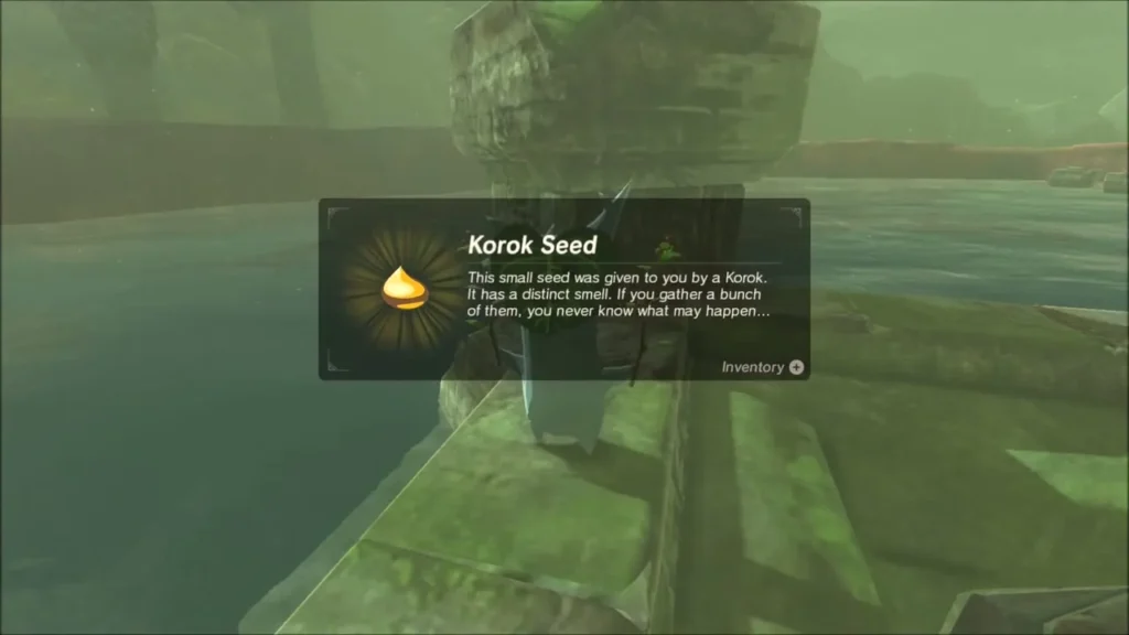 Korok Seed reward box on the mossy ruin in the pond