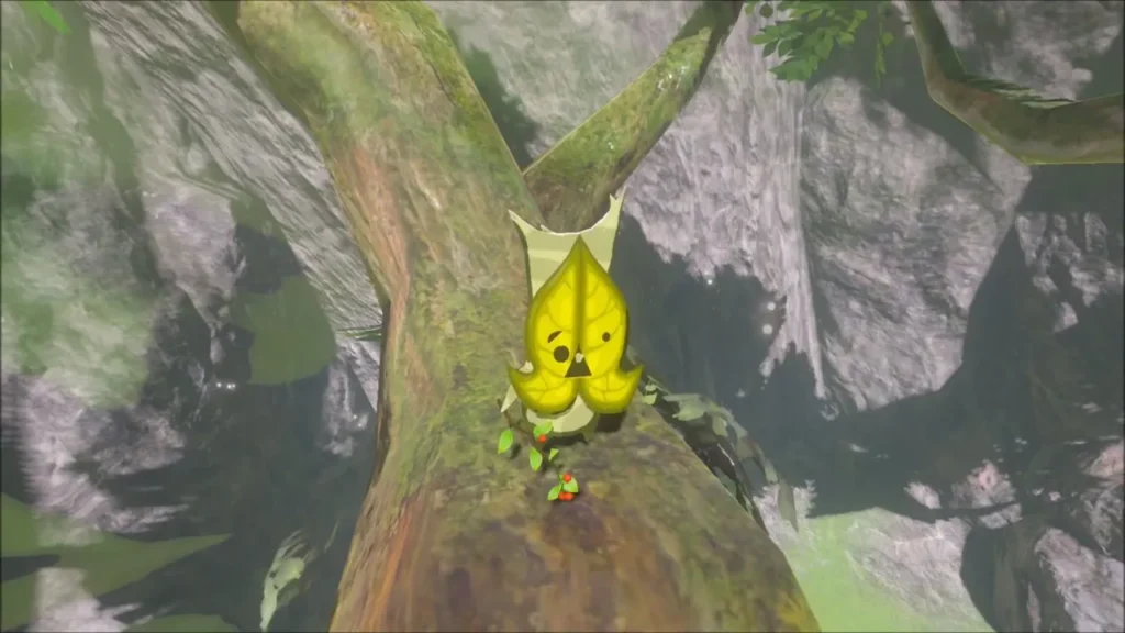 A yellow Korok sitting on a great tree branch