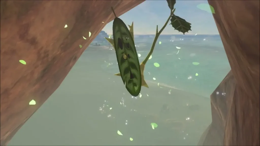 A Korok hanging from the underside of the sea arch