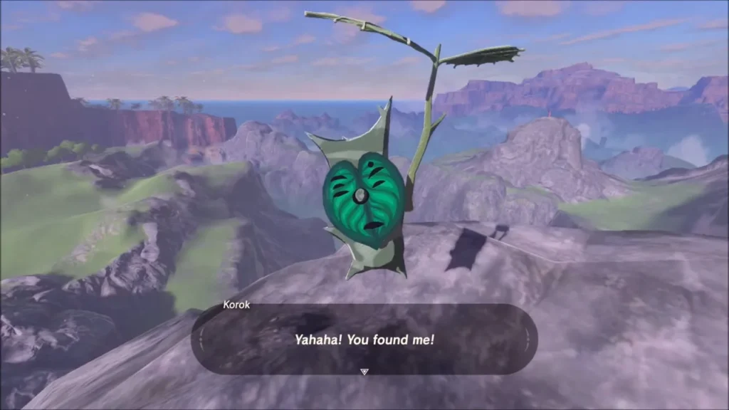 A Korok appearing on the ridge top saying 'Yahaha! You found me!'