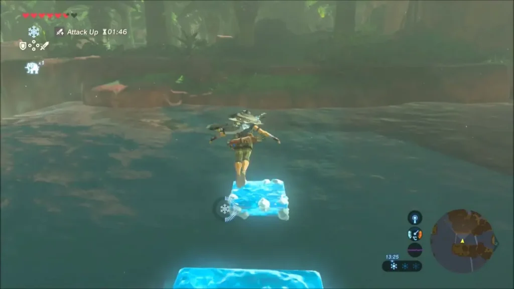 Link jumping across ice blocks over the water