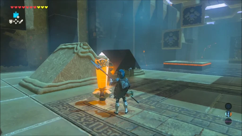 Link standing beside the glowing lantern switch in the shrine