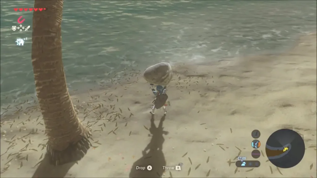 Link carrying a rock beside a palm tree on a sand spit