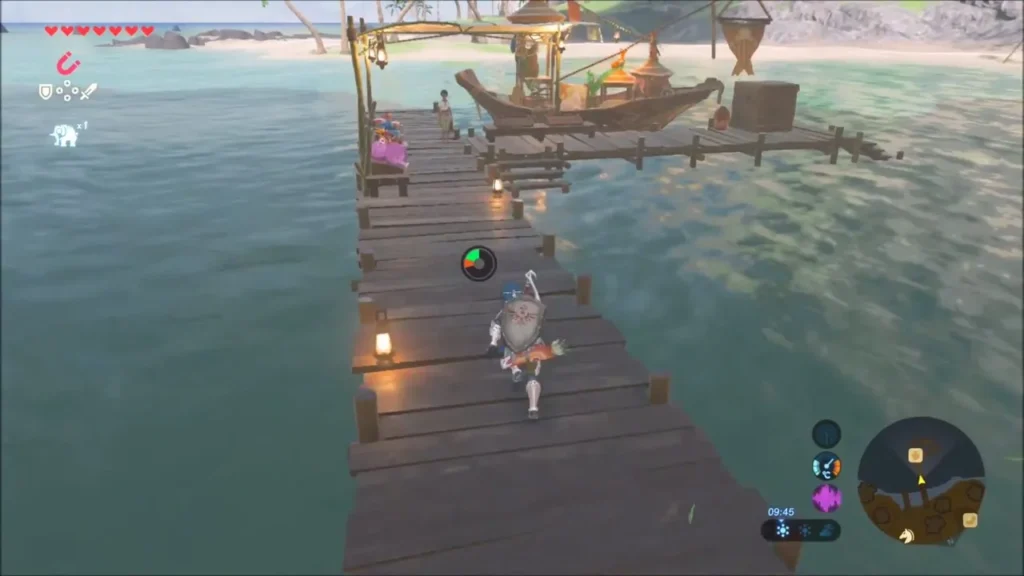 Link running along the wooden pier toward the boat shop