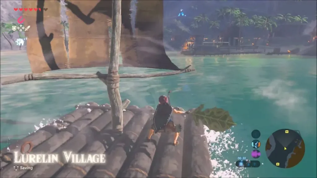 Link sailing the raft toward Lurelin Village with its title shown