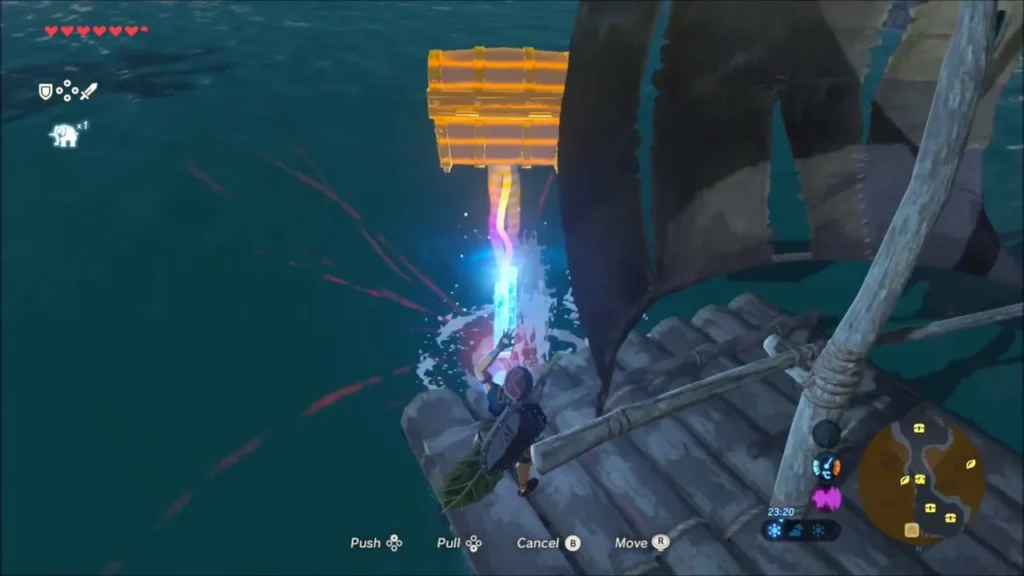 Link raising a sunken chest out of the sea with Magnesis beside the raft