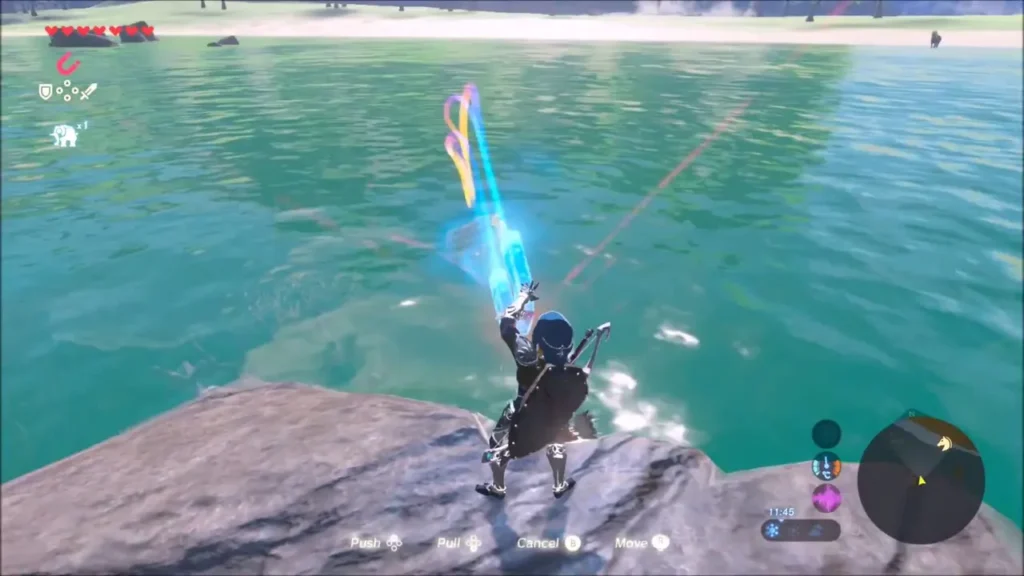 Link using Magnesis from a rock to drag a chest across the sea