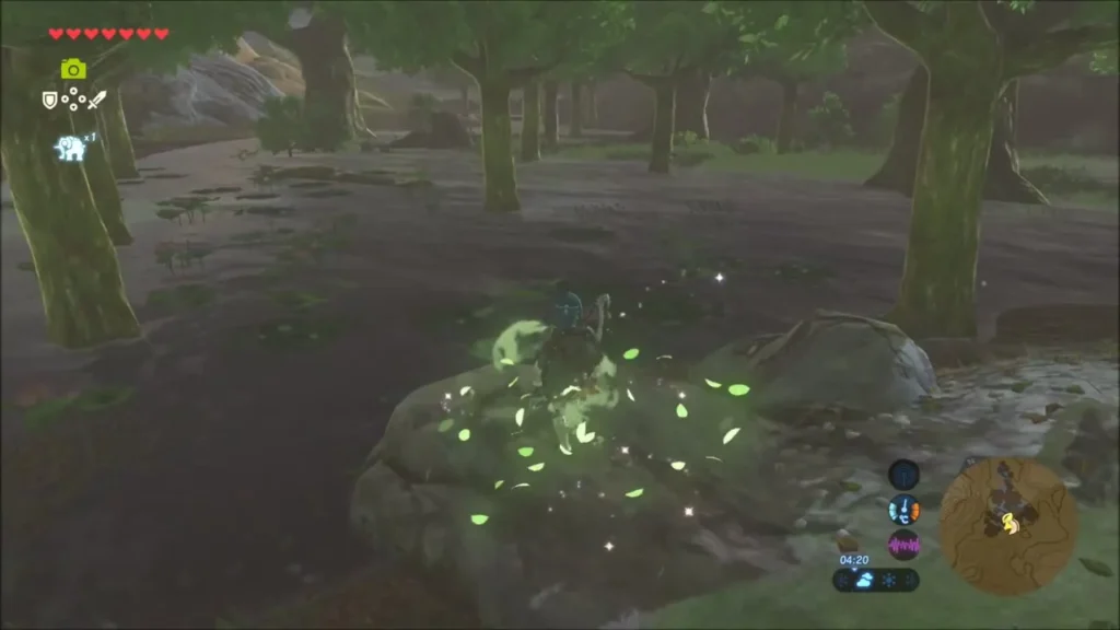 Link in the marsh woods as a Korok's green leaves burst