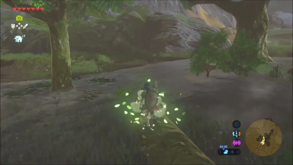 Link on a mossy log in the marsh as green leaves swirl