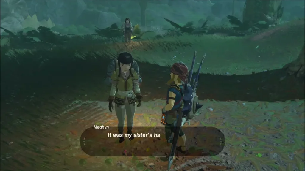 Link talking with the traveller Meghyn on a dark forest path