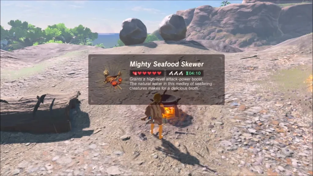 Link cooking at a fire pot on the island with a Mighty Seafood Skewer result box