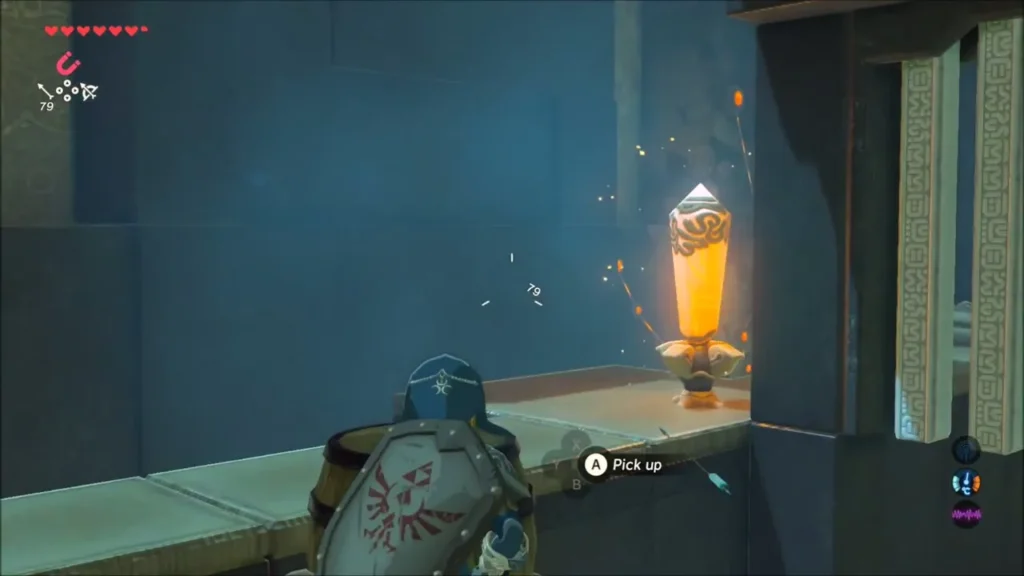 Orange crystal switch on a ledge inside Kah Yah Shrine