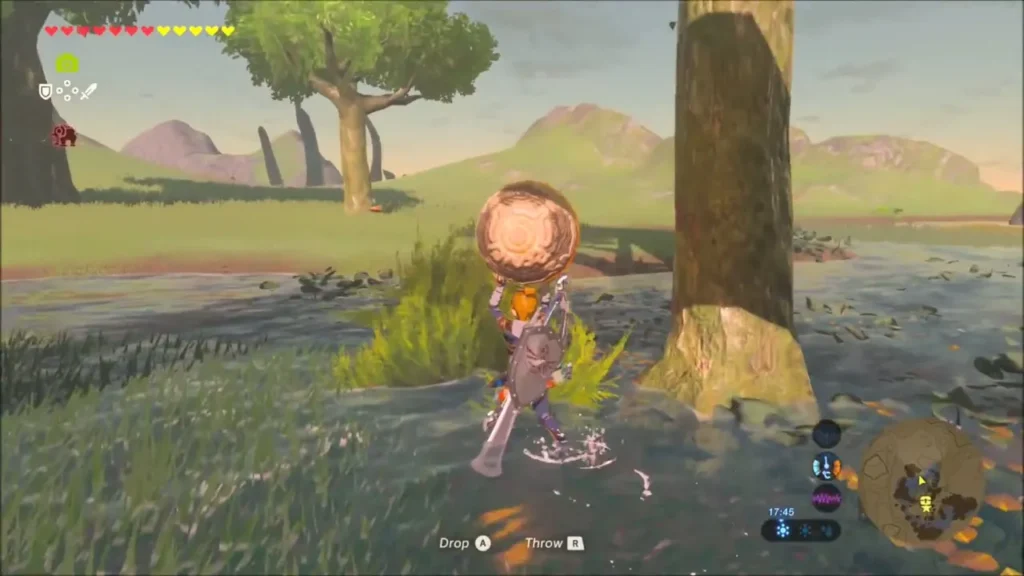 Link carrying the glowing orb through shallow marsh water