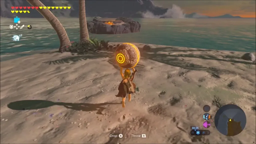 Link carrying the orb toward a small rocky islet across the water