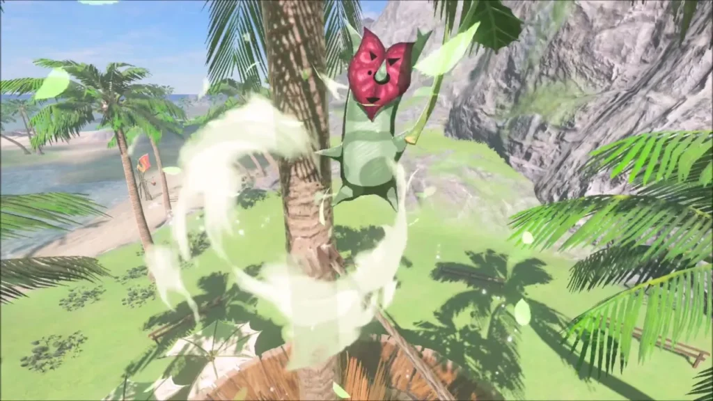 A Korok bursting out of the palm tree after the fruit is hit