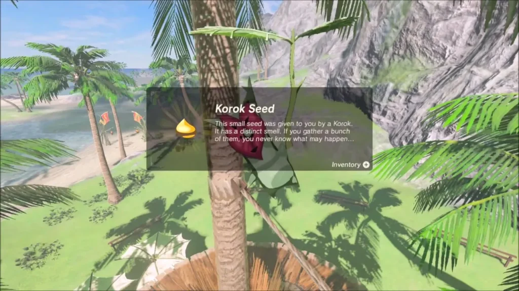 Korok Seed item box with the Korok on the palm tree