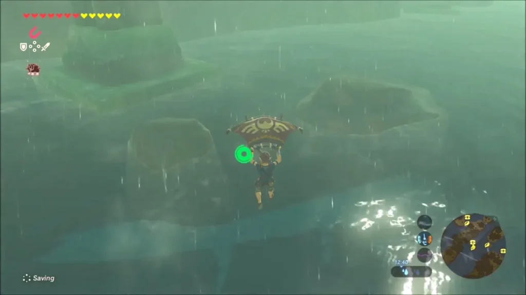 Link paragliding over the flooded ruins between rocky islands