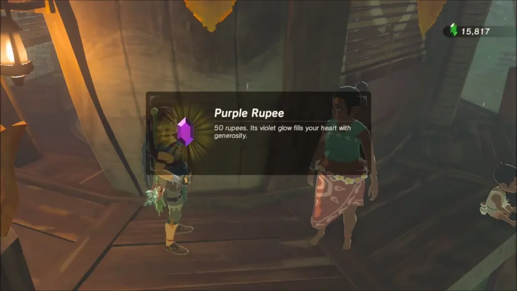 Purple Rupee reward box as Link stands with Kiana