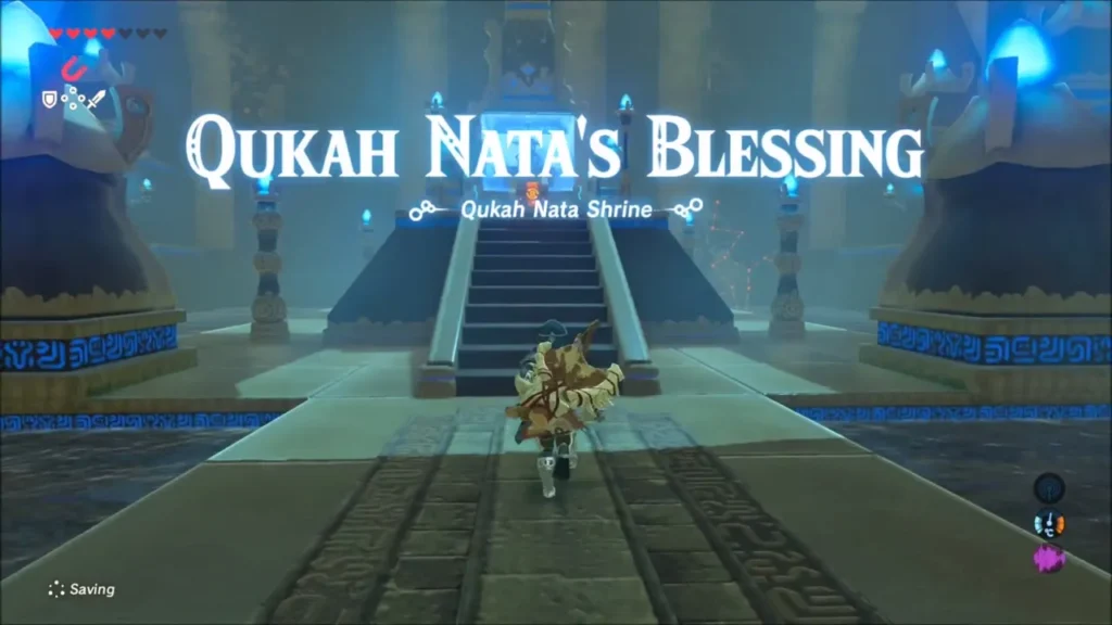 Link running up the shrine hall as the title Qukah Nata's Blessing appears