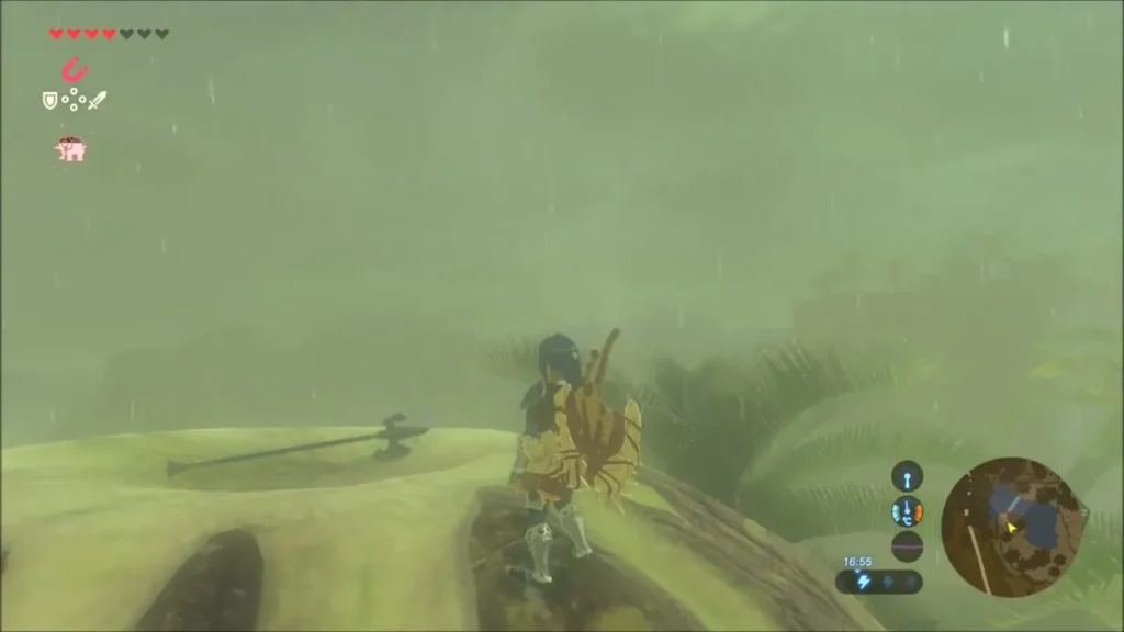 Link standing on the storm-soaked mound beside a metal halberd laid on top