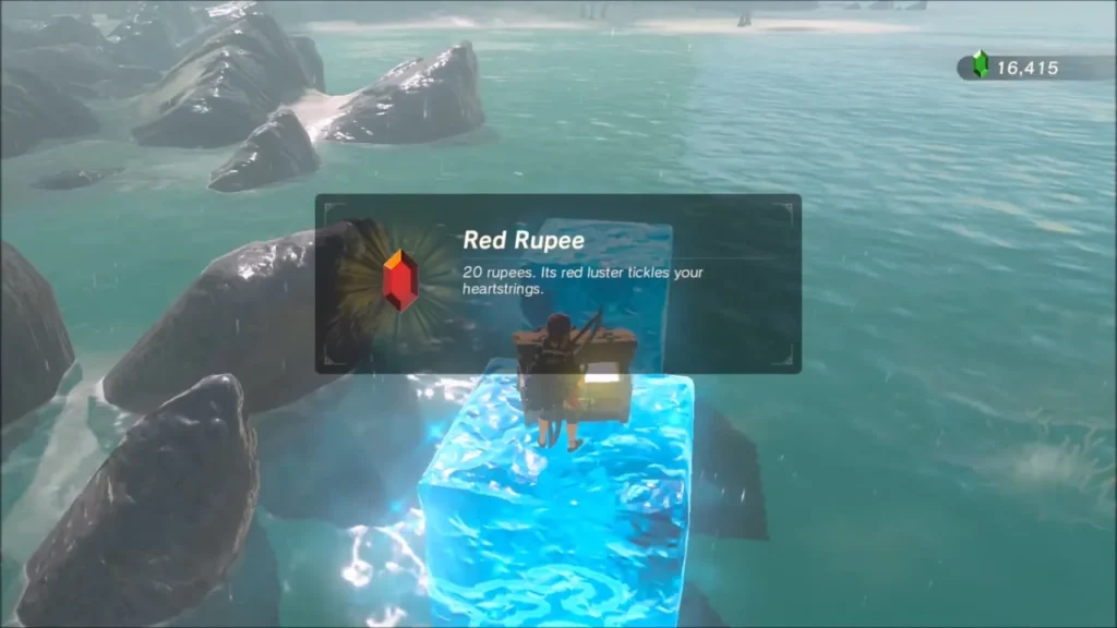 Link on an ice block with the Red Rupee item box