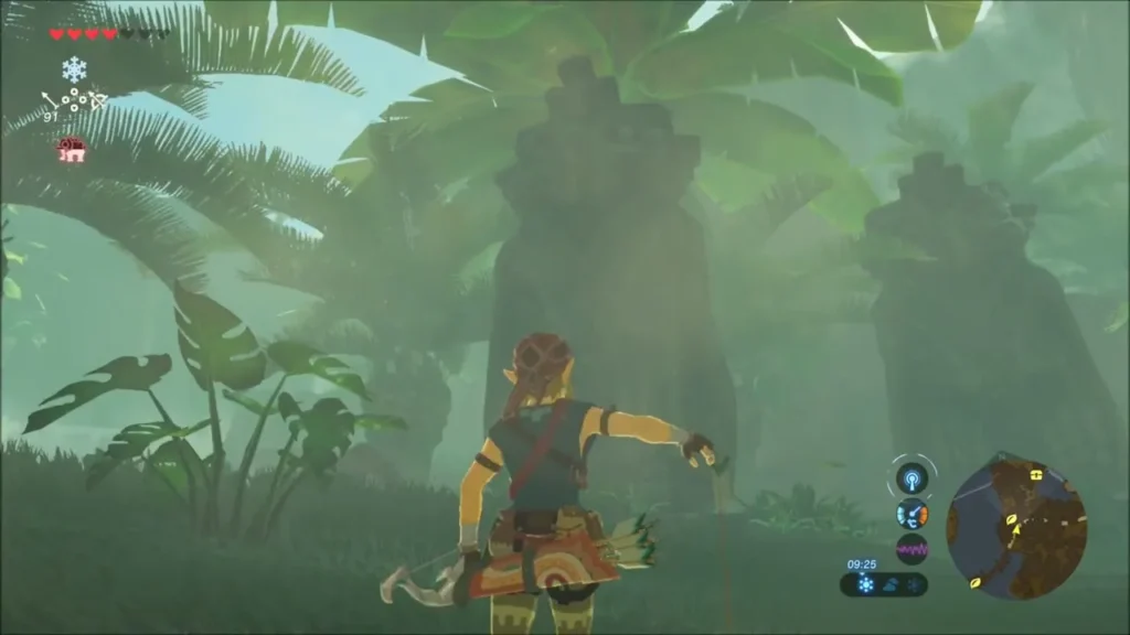 Link beside the palm trunk below the crumbled stone ruins