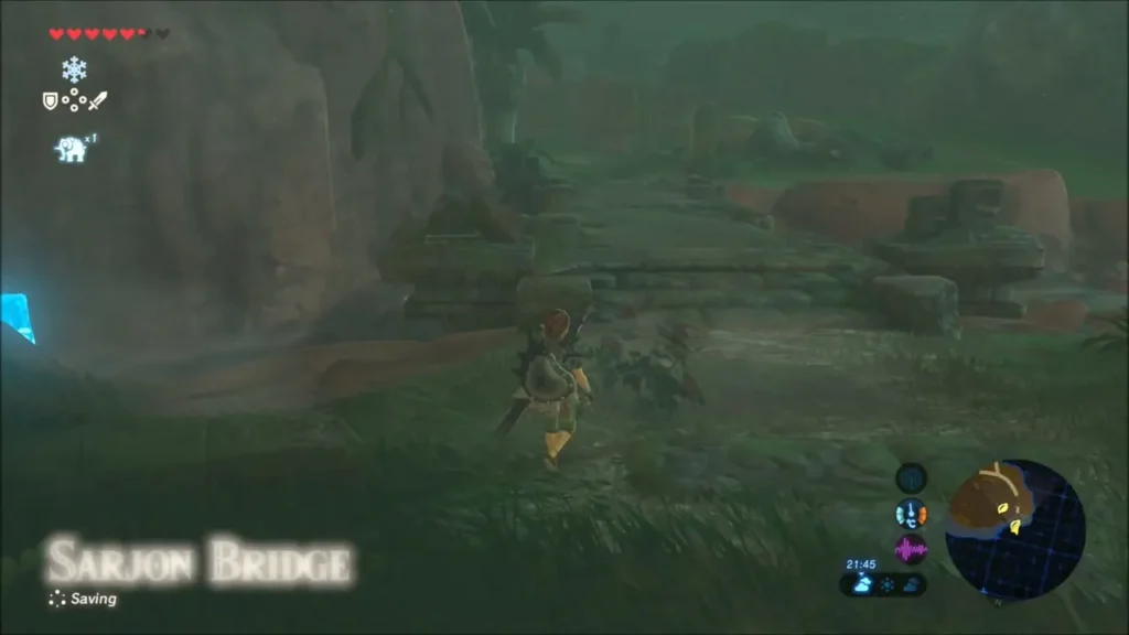 Link walking beneath the ruins as the Sarjon Bridge name appears