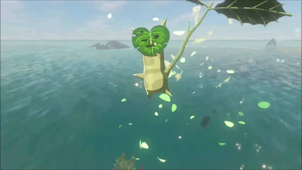 A Korok flower sticking up from the open sea with leaves swirling