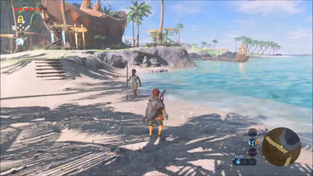 Link on the sunny shore of Aris Beach with Sebasto standing nearby
