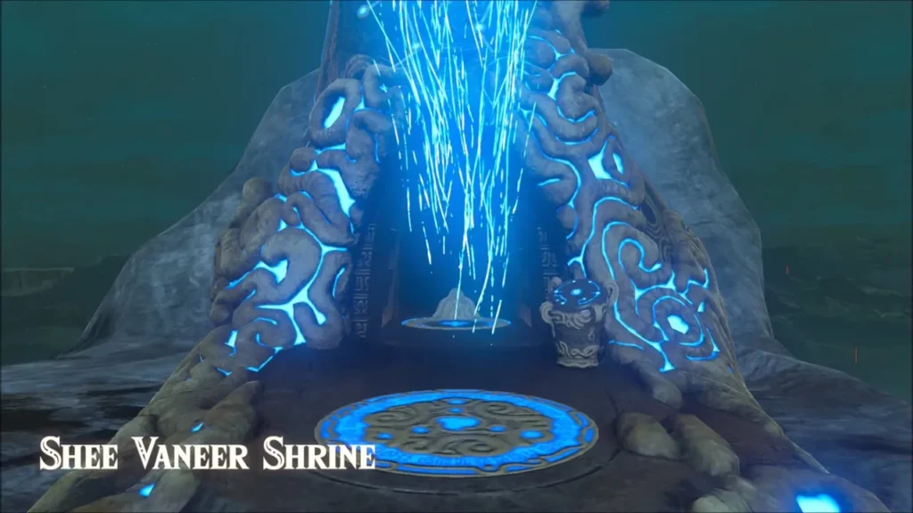 Sheikah travel platform and glowing pedestal at Shee Vaneer Shrine on the Dueling Peaks