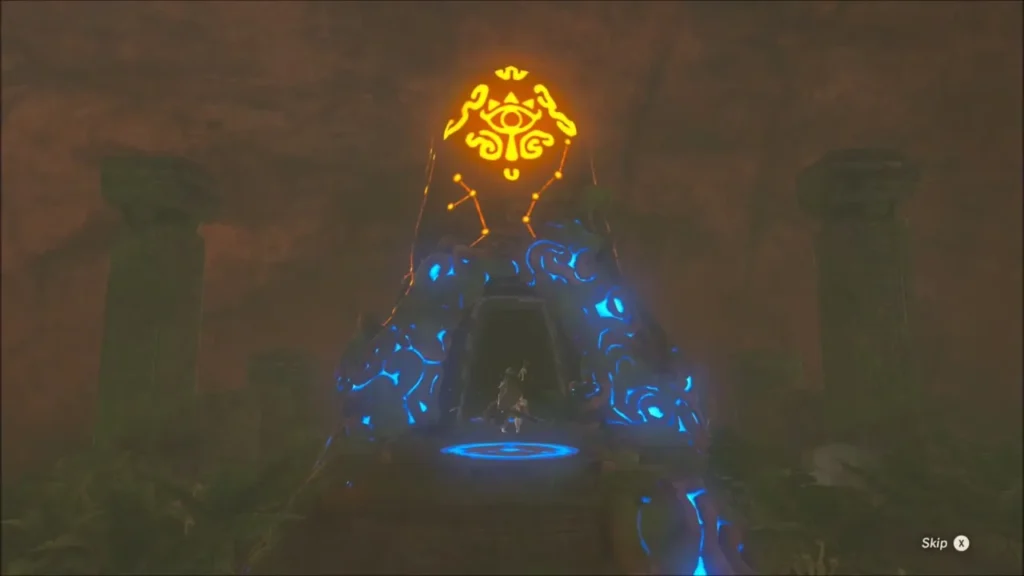 Shoda Sah Shrine lit blue with the Sheikah eye above its door