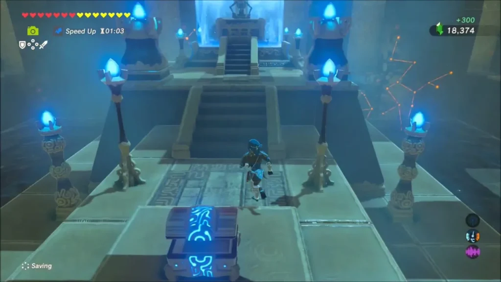 Link in the shrine after opening the chest, rupee count rising