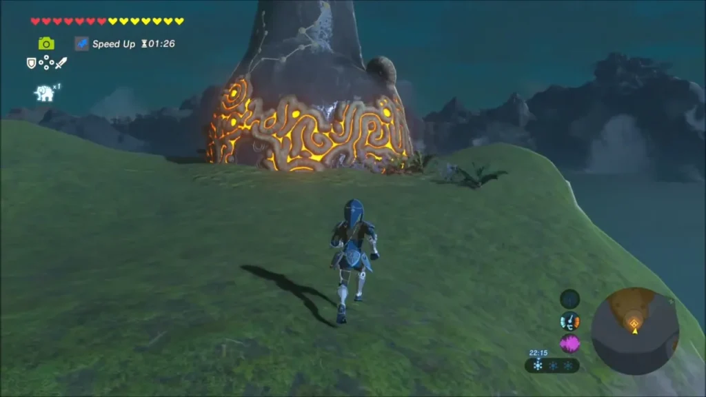 Link running up the hill toward the glowing Korgu Chideh Shrine