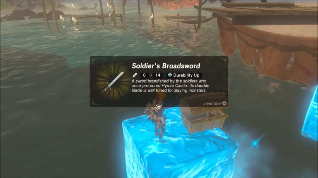 Link on a Cryonis block taking a Soldier's Broadsword from a chest