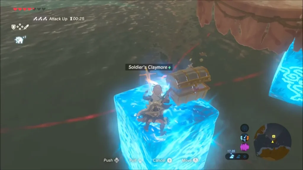 Link on a Cryonis block beside a chest holding a Soldier's Claymore