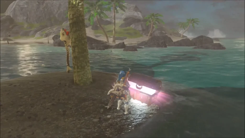 A glowing chest on a small spit of land at the water's edge