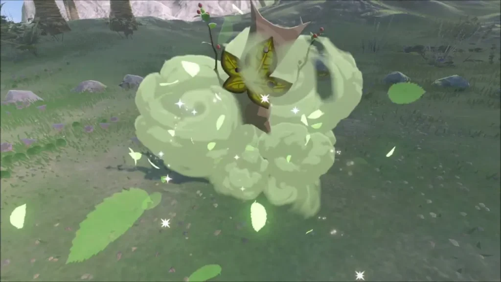 A Korok bursting out of a puff of leaves inside the stone ring