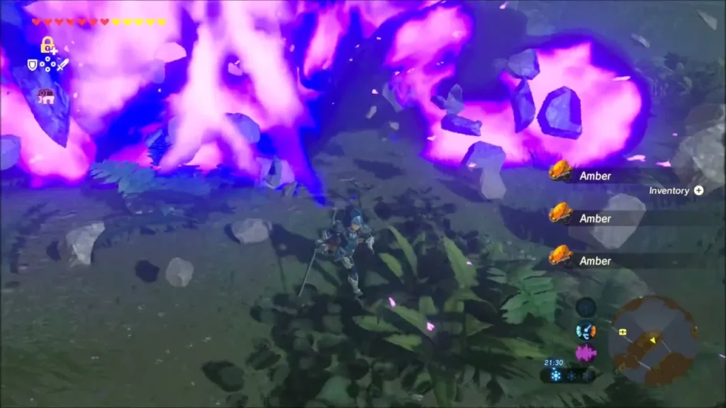 Talus collapsing in purple light as Amber drops fall around Link