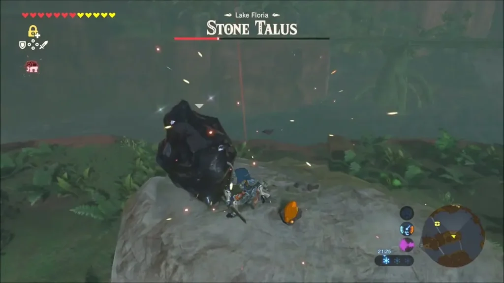Link striking the ore deposit on the Stone Talus's back with sparks flying