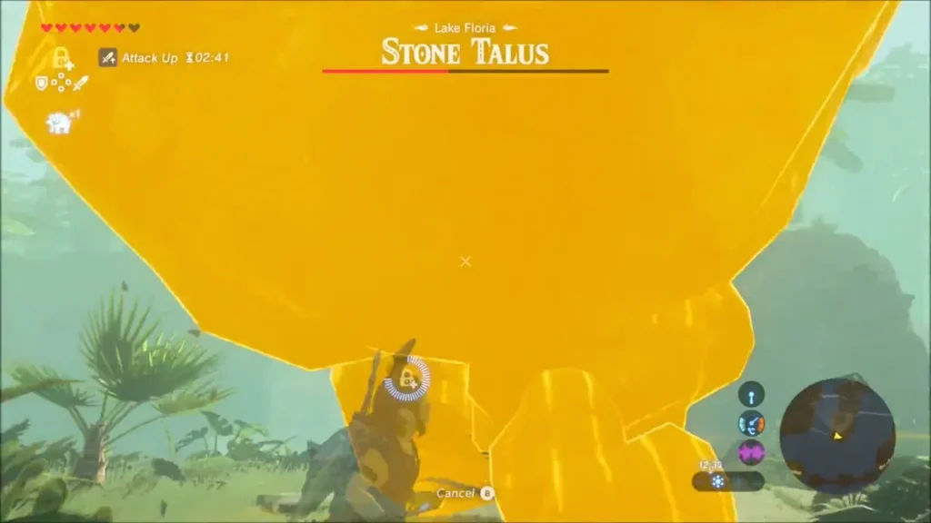 The Stone Talus frozen in gold Stasis light above Link