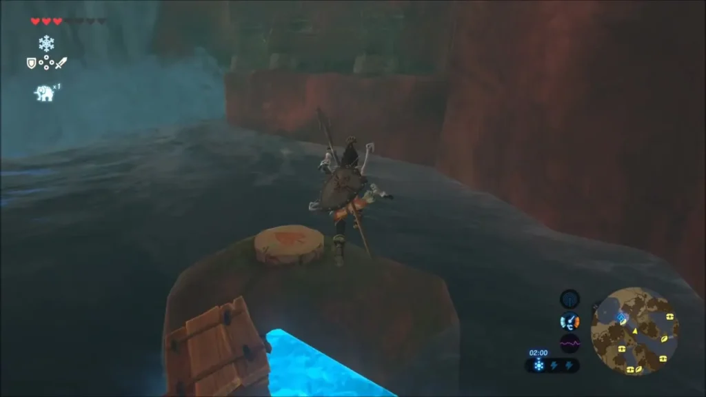 Link standing on a round rock with a cut stump beside a waterfall pool