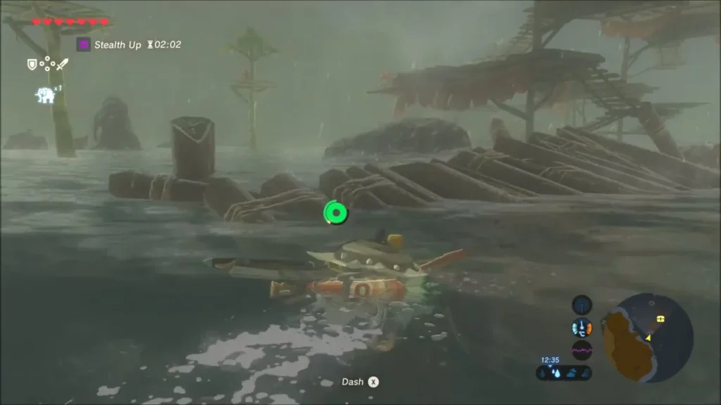 Link swimming toward the Bokoblin camp of rafts and boardwalks