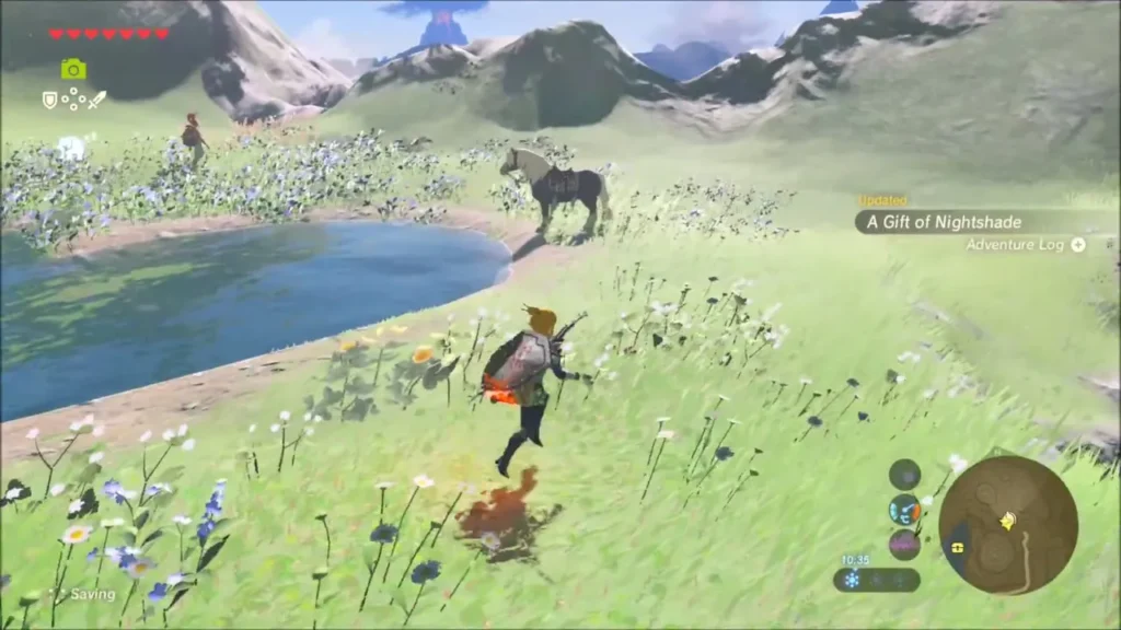 Link running along the pond with the A Gift of Nightshade quest shown